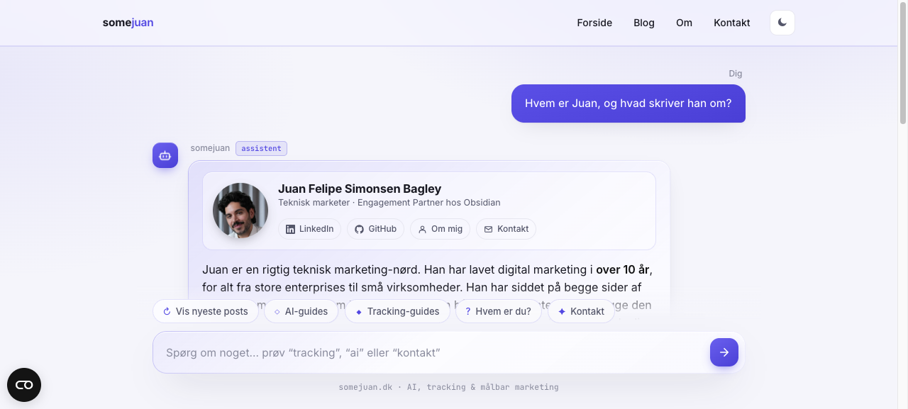 Forsiden på den nye somejuan.dk bygget i Astro med chat-interface