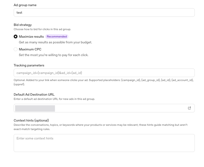 Ad group-opsætning i OpenAI Ads Manager med budstrategien Maximize results, standard-landingsside og feltet Context hints.