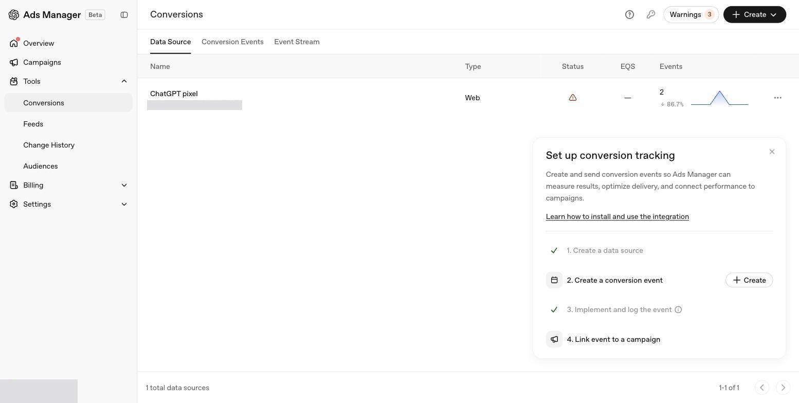 Conversions-siden i OpenAI Ads Manager med en ChatGPT-pixel som datakilde og fire-trins-guiden til opsætning af konverteringssporing.