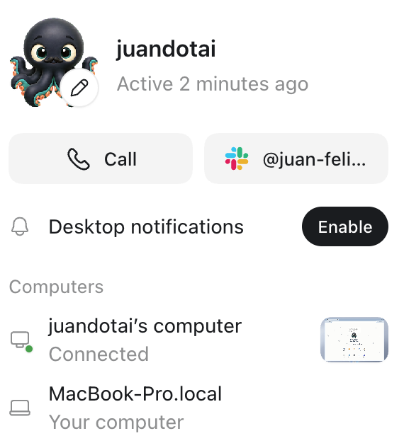 Profilen på min Dot, juandotai, med opkaldsknap, Slack-profil og sin egen computer