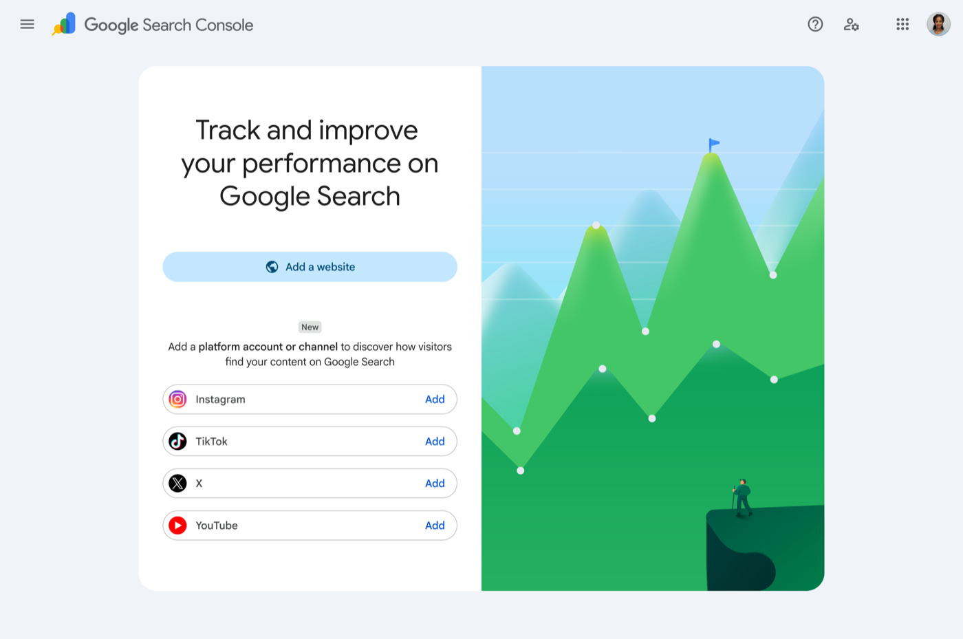 Platform property i Google Search Console med data for sociale medier